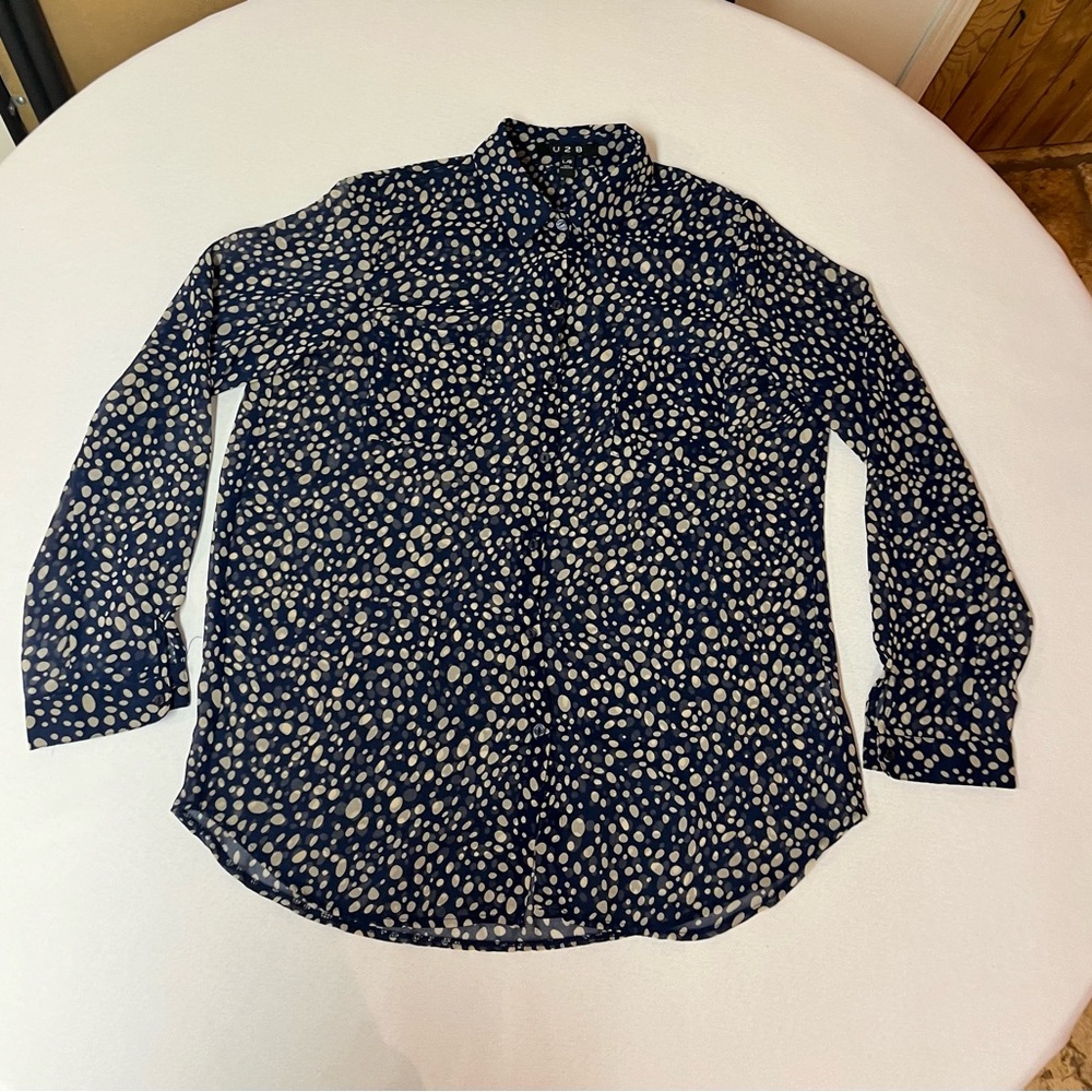 2/$20 - Semi-Sheer Navy & Grey Polka Dot Button Down Blouse - L